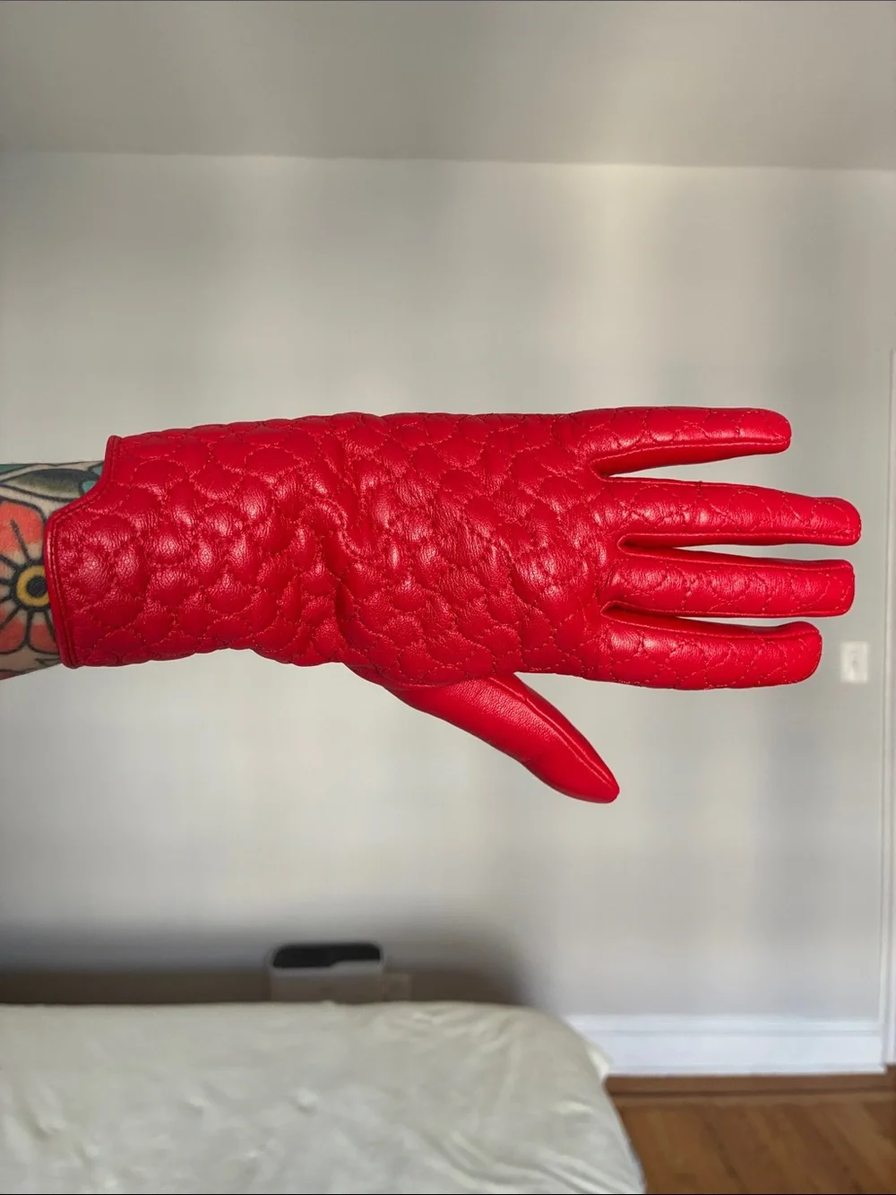 Red Quilted Leather Gloves for Women